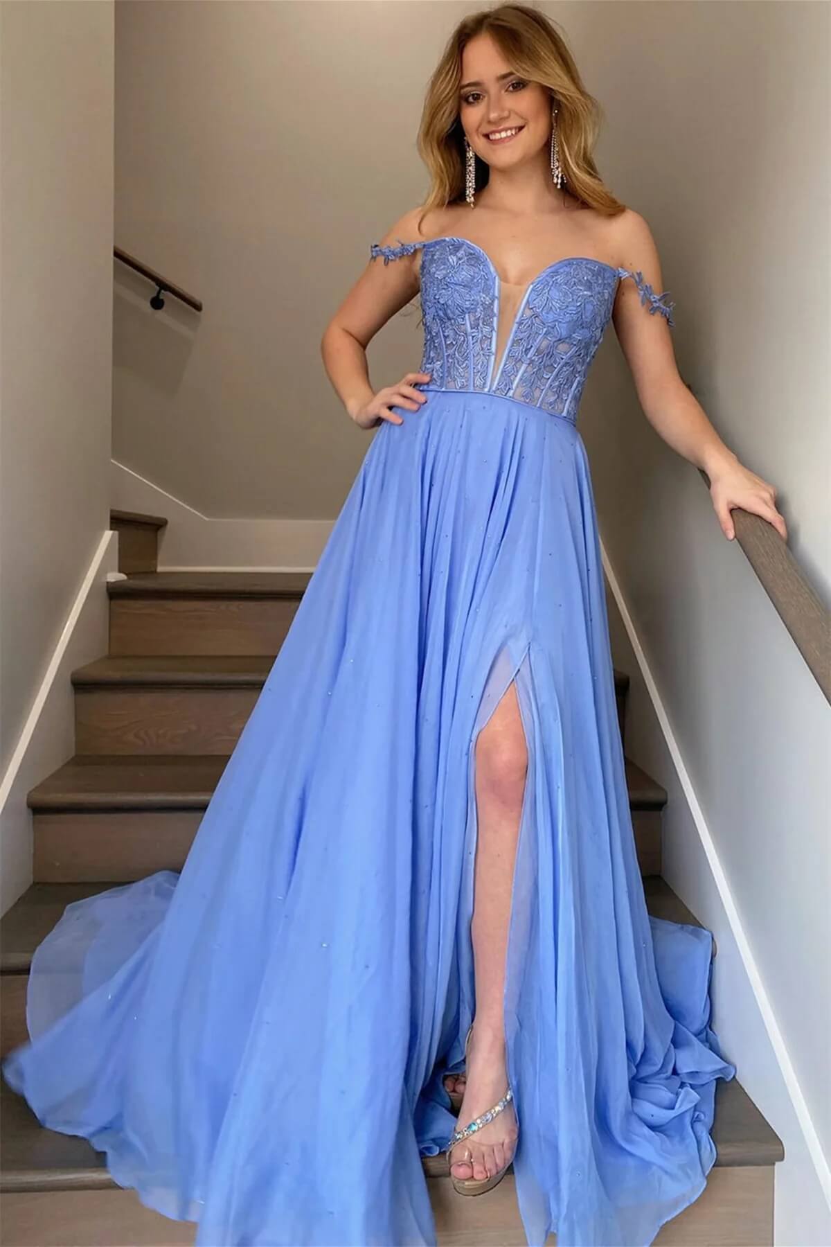floor length Prom Dresses Blue Lace