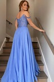 Long Prom Dresses Blue Lace Off Shoulder Evening Dress with Slit