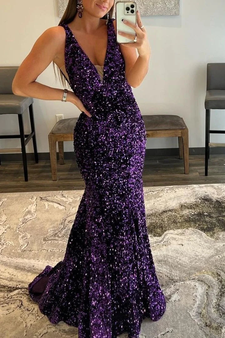 Purple Sequins Prom Dress UK