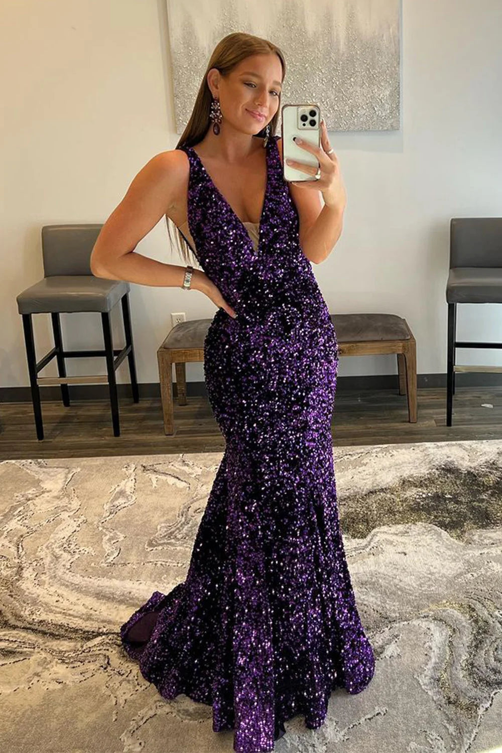 Long Purple Sequins Prom Dress UK Deep V Neck Mermaid - MyChicDress