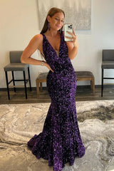 Long Purple Sequins Prom Dress UK Deep V Neck Mermaid - MyChicDress