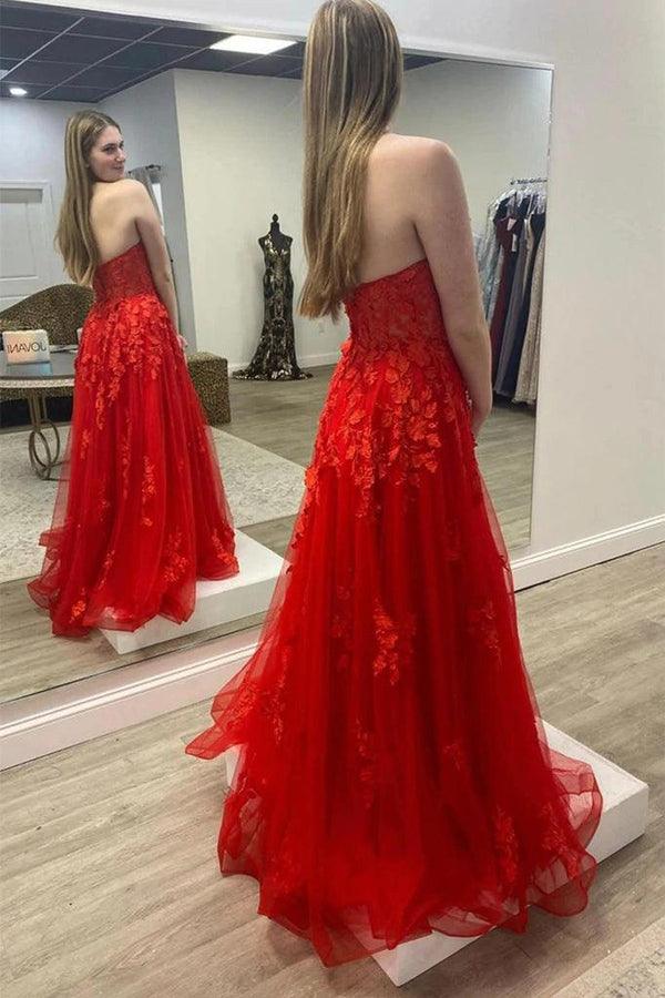 Long Red Evening Dress Strapless Lace Cheap Long Prom Dress - MyChicDress