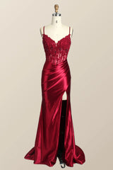 Long Green Evening Dresses Lace Straps Mermaid Ruched Formal Dress Appliques - MyChicDress