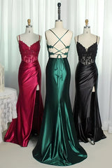Long Green Evening Dresses Lace Straps Mermaid Ruched Formal Dress Appliques