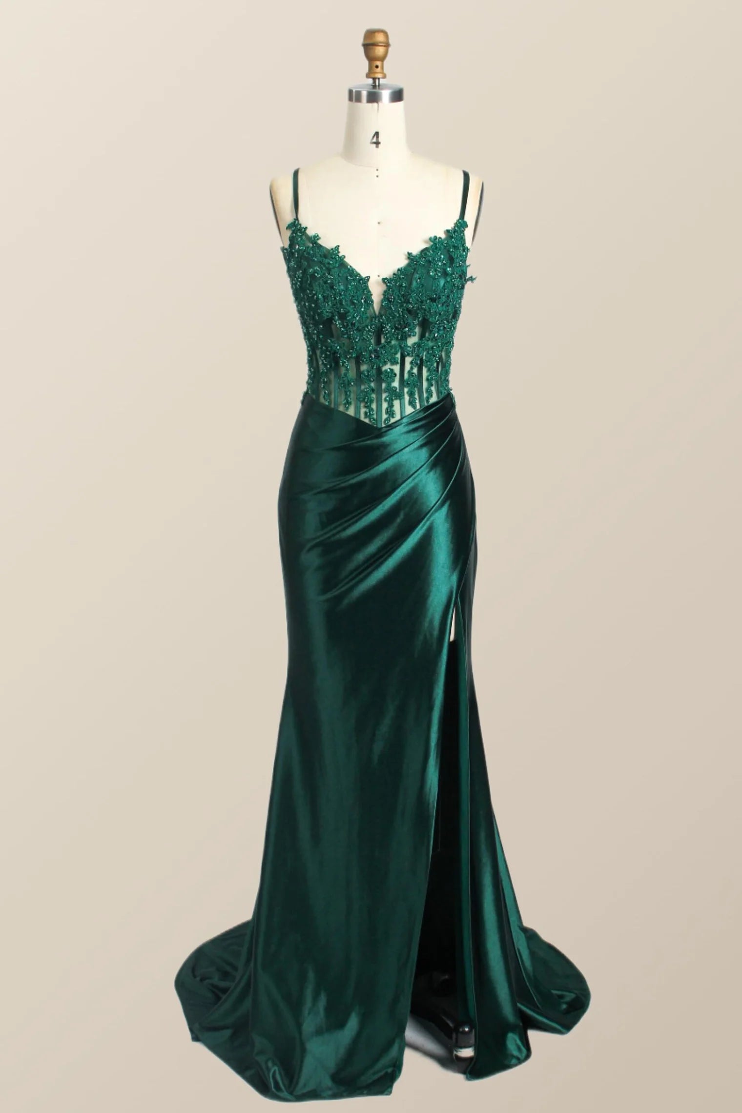 Long Green Evening Dresses Lace Straps Mermaid Ruched Formal Dress Appliques - MyChicDress