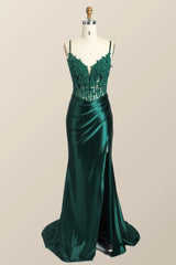 Long Green Evening Dresses Lace Straps Mermaid Ruched Formal Dress Appliques