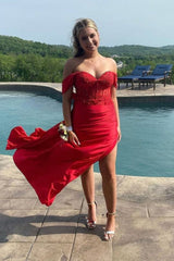 Long Red Graduation Dress Lace Off Shoulder High Slit - MyChicDress