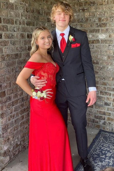 Long Red Graduation Dress Lace Off Shoulder High Slit - MyChicDress