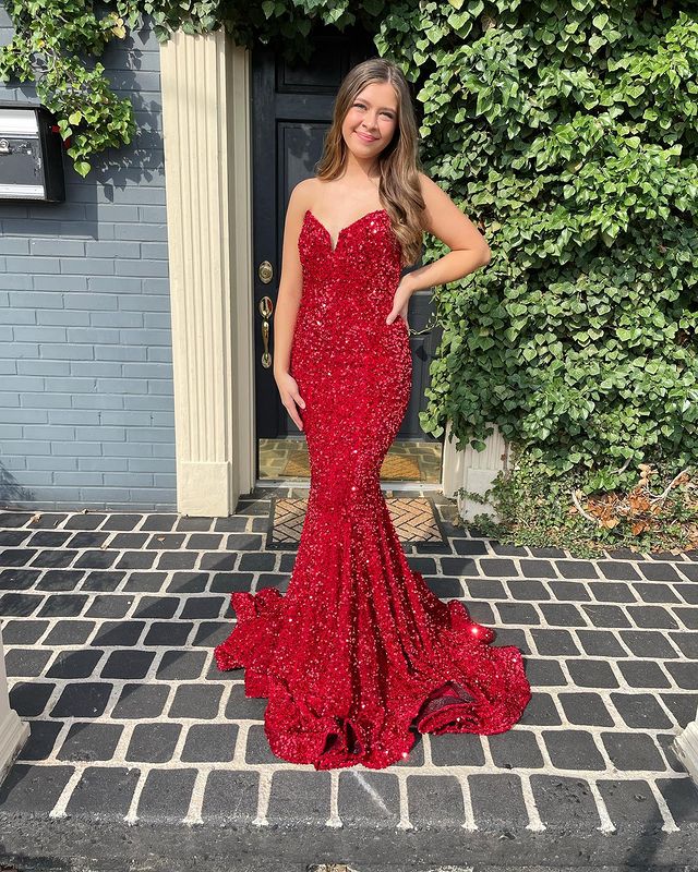 Long Red Sequin Prom Dresses Glitter