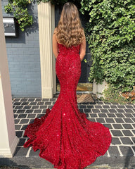 Long Red Prom Dresses Glitter Sequin Mermaid Evening Dress UK