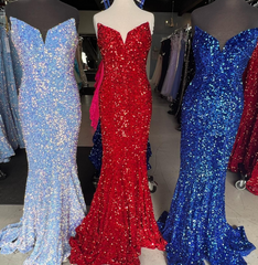 Long Red Prom Dresses Glitter Sequin Mermaid Evening Dress UK