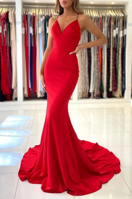 Long Red Prom Dresses Mermaid V-Neck Evening Dress Spaghetti Strap - MyChicDress