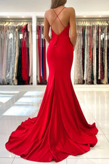 Long Red Prom Dresses Mermaid V-Neck Evening Dress Spaghetti Strap