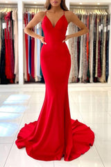 Long Red Prom Dresses Mermaid V-Neck Evening Dress Spaghetti Strap