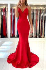 Long Red Prom Dresses Mermaid V-Neck Evening Dress Spaghetti Strap - MyChicDress