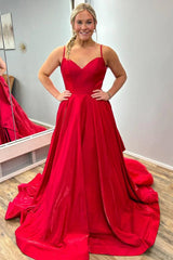 Long Red Satin Evening Dresses V Neck Open Back Lace Train - MyChicDress