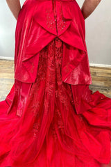 Long Red Satin Evening Dresses V Neck Open Back Lace Train - MyChicDress
