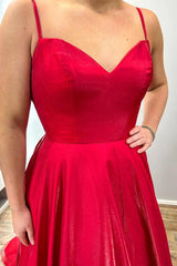 Long Red Satin Evening Dresses V Neck Open Back Lace Train - MyChicDress