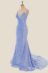 Long Sequin Blue Formal Guest Dresses V Neck Mermaid - MyChicDress