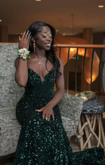 Long Sequin Prom Dress Dark Green Mermaid Formal Dresses Black Women - MyChicDress