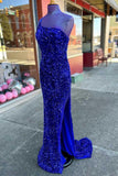 Long Sequin Prom Dress Royal Blue Formal Dresses One-Shoulder Backless with Slit