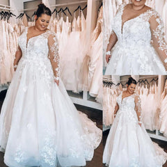 Long Sleeve Beach Plus Size Wedding Dresses Lace V Neck Appliques - MyChicDress