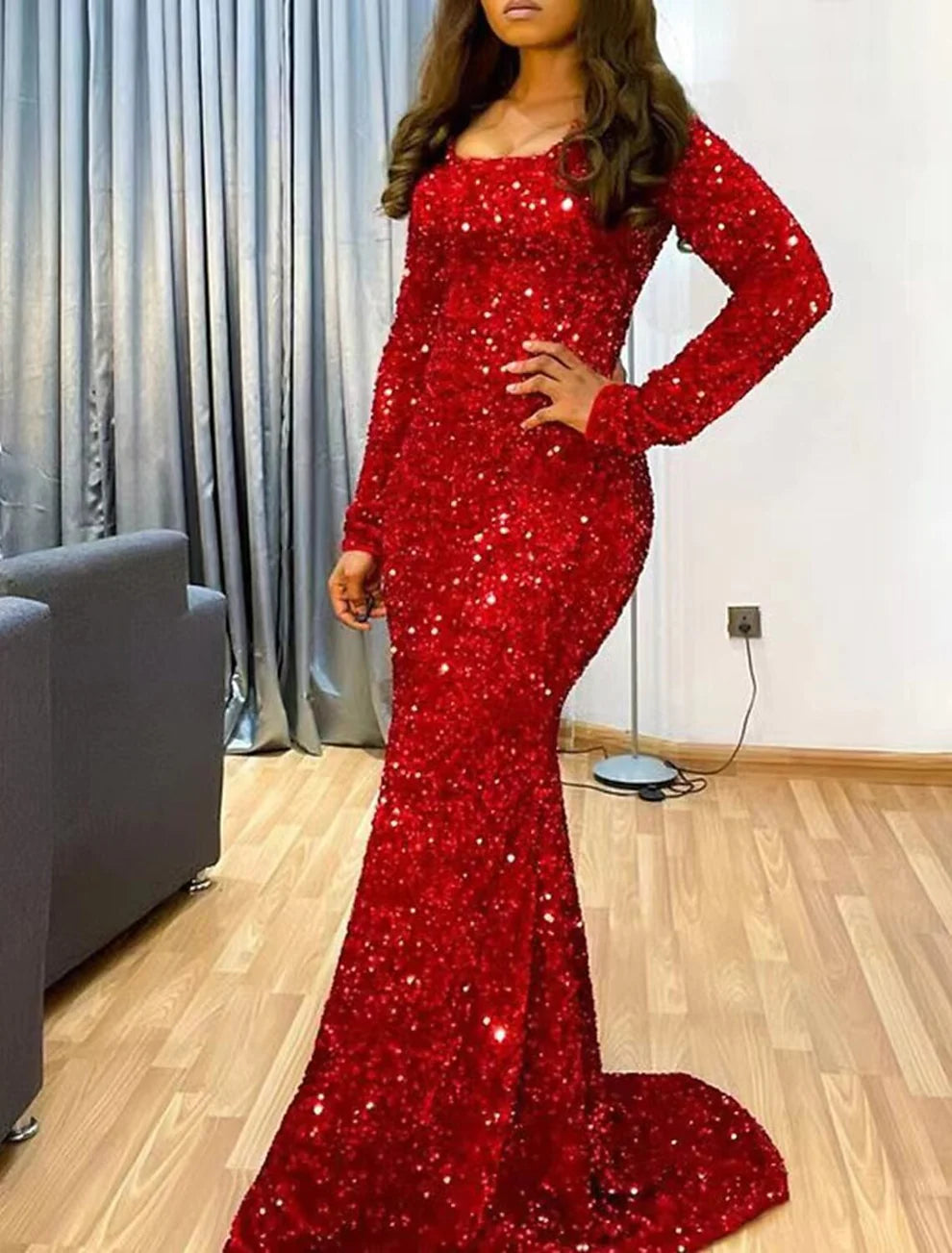 Long Sleeve Sparkle Red Formal Dress Mermaid Evening Gown Sequined - MyChicDress