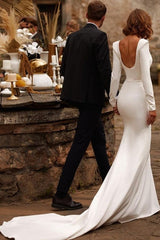 Long Sleeves Beach Satin Minimalist Wedding Dresses Square Neck - MyChicDress
