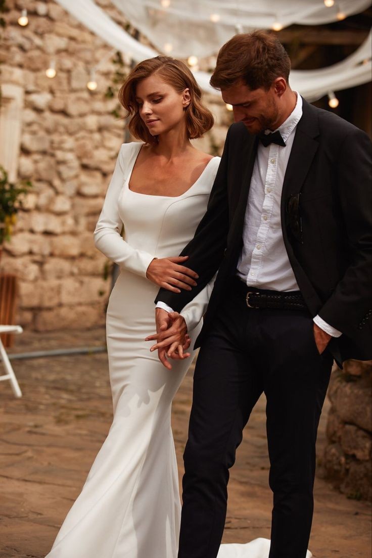 Long Sleeves Beach Satin Minimalist Wedding Dresses Square Neck - MyChicDress