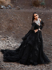 Long Sleeves Black Wedding Dress Gothic Off Shoulder V-neck Tiered Skirt