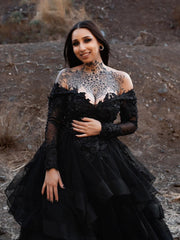 Long Sleeves Black Wedding Dress Gothic Off Shoulder V-neck Tiered Skirt