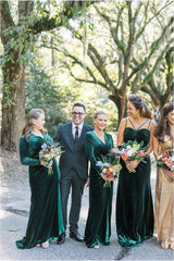 Long Sleeves Winter Emerald Green Velvet Bridesmaid Dress V-neck