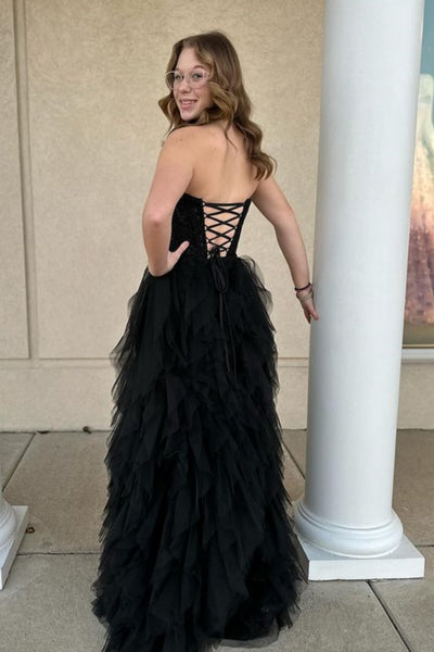 Long Strapless Black Lace Tiered Corset Evening Dress UK - MyChicDress