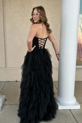 Long Strapless Black Lace Tiered Corset Evening Dress UK - MyChicDress