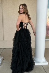 Long Strapless Black Lace Tiered Corset Evening Dress UK