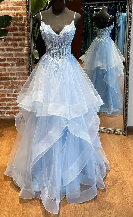 Long Straps Tiered Blue Prom Dresses Lace Tulle - MyChicDress