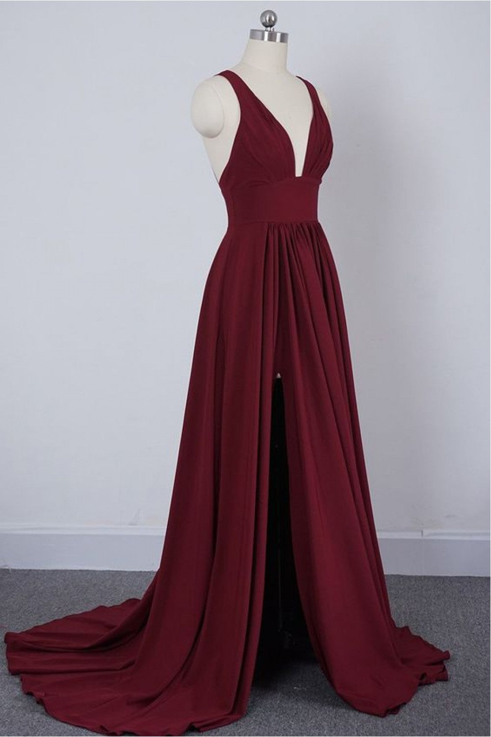 Long Straps V Neck Burgundy Beach Wedding Guest Dress High Slit - MyChicDress