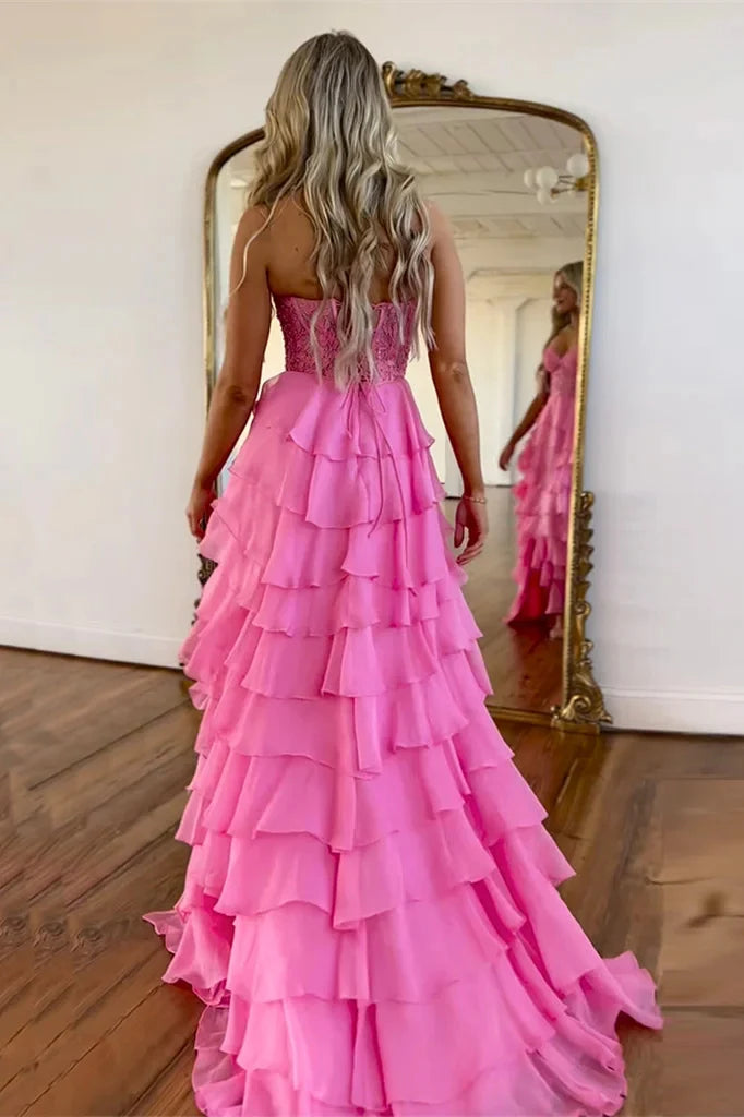 Long Tiered Pink Formal Dresses Corset Lace Prom Dress A-Line – MyChicDress