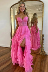 Long Tiered Pink Formal Dresses Corset Lace Prom Dress A-Line