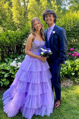 Long Tulle Lilac Corset Prom Dress A Line Ruffled Lace Evening Dress