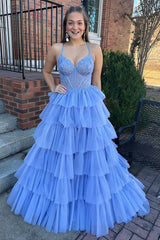 Long Tulle Lilac Corset Prom Dress A Line Ruffled Lace Evening Dress