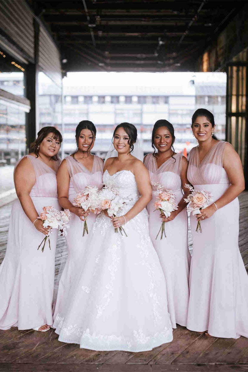 Long Tulle V-Neck Mermaid Boho White Bridesmaid Dresses - MyChicDress