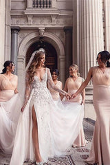 Long Tulle V-Neck Mermaid Boho White Bridesmaid Dresses - MyChicDress