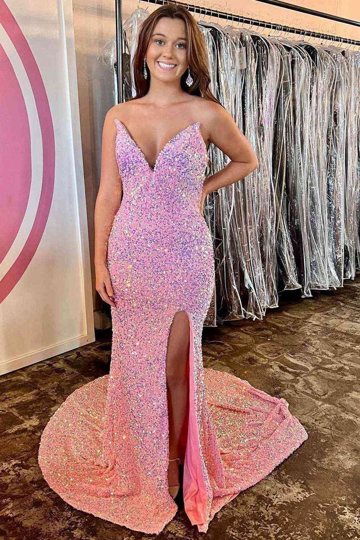Long V-neck Pink Sequin Evening Dress UK with Slit - MyChicDress