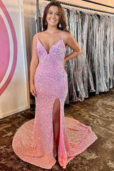 Long V-neck Pink Sequin Evening Dress UK with Slit - MyChicDress