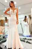 Long V Neck Mermaid Lace White Prom Dress Open Back Formal Evening Dress