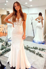 2024 Long V Neck Mermaid Lace White Prom Dress Open Back Formal Evening Dress