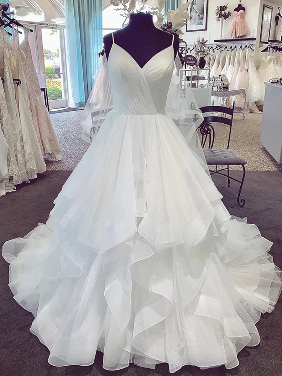 Long White Tulle Wedding Dresses Spaghetti Straps Lace Up - MyChicDress