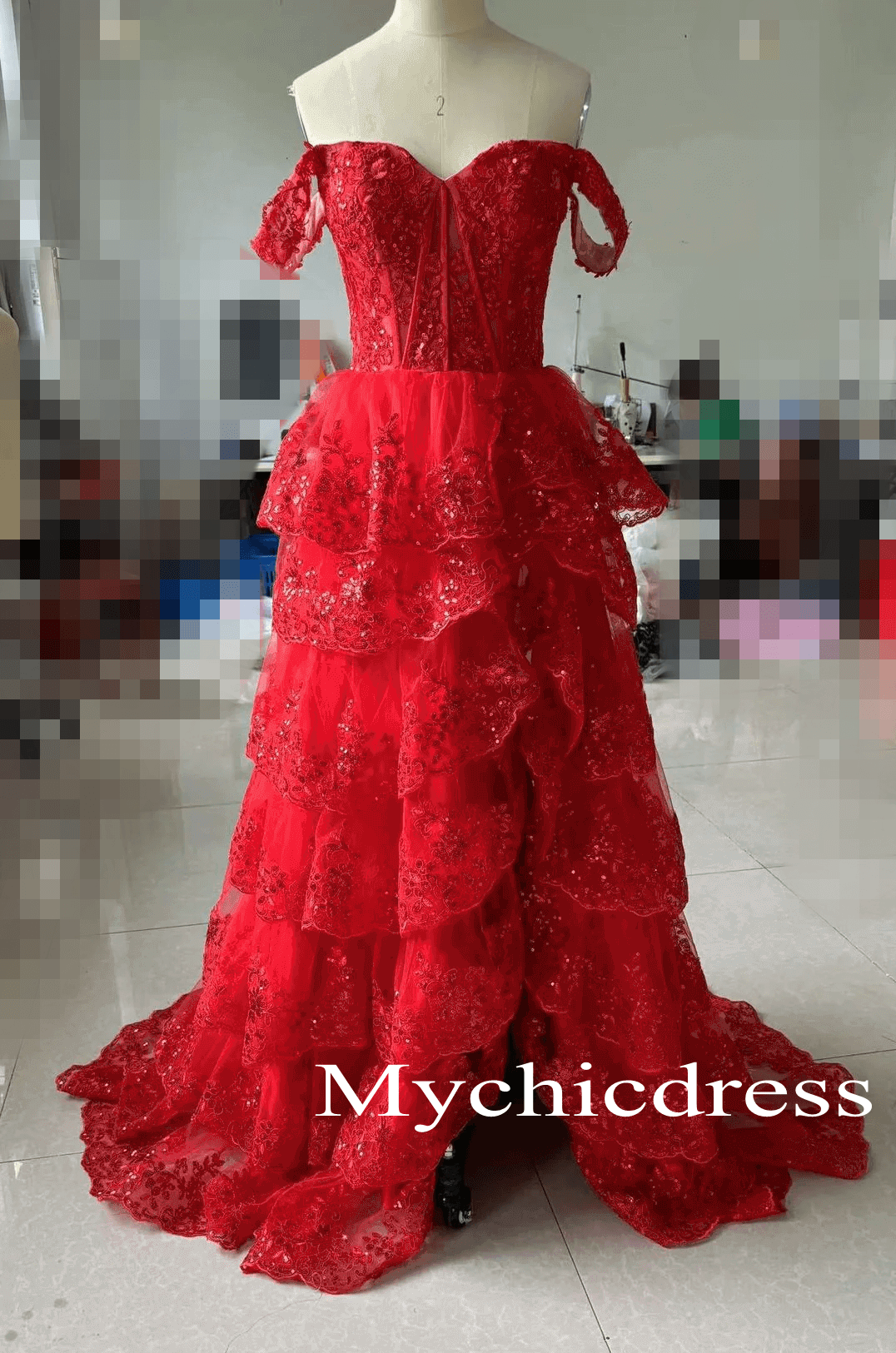 Long Lace Tiered Formal Dress Off the Shoulder Applique Sleeveless - MyChicDress