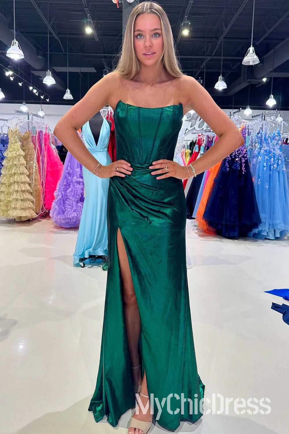 Long Metallic Prom Dress Dark Green Strapless Sheath With Split